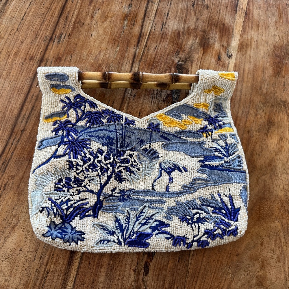 Source Unknown Beaded Tropical Scene Handbag in Blue, White, Yellow